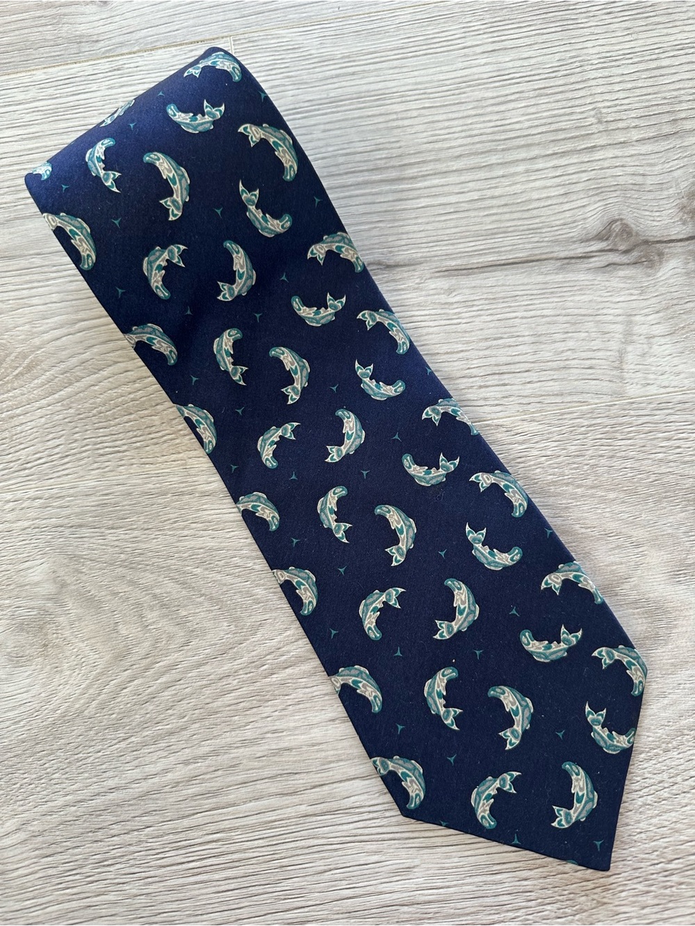 Magenta Navy Silk Tie with Teal Fish Motif
